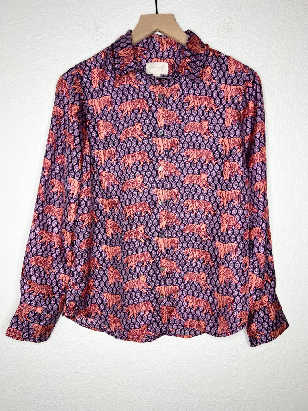 J. Crew Collection Roaming Tigers Purple 100% Silk Button Down Blouse size 6